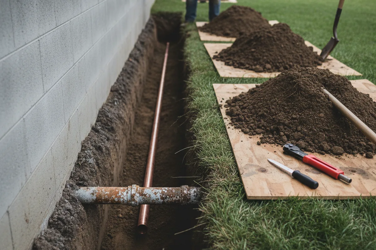 Excavated water line trench during Sewer Line Repair in Bradley